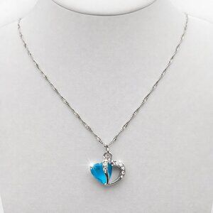 Blue & Silver Double Heart Necklace CZ Accent Romantic Gift